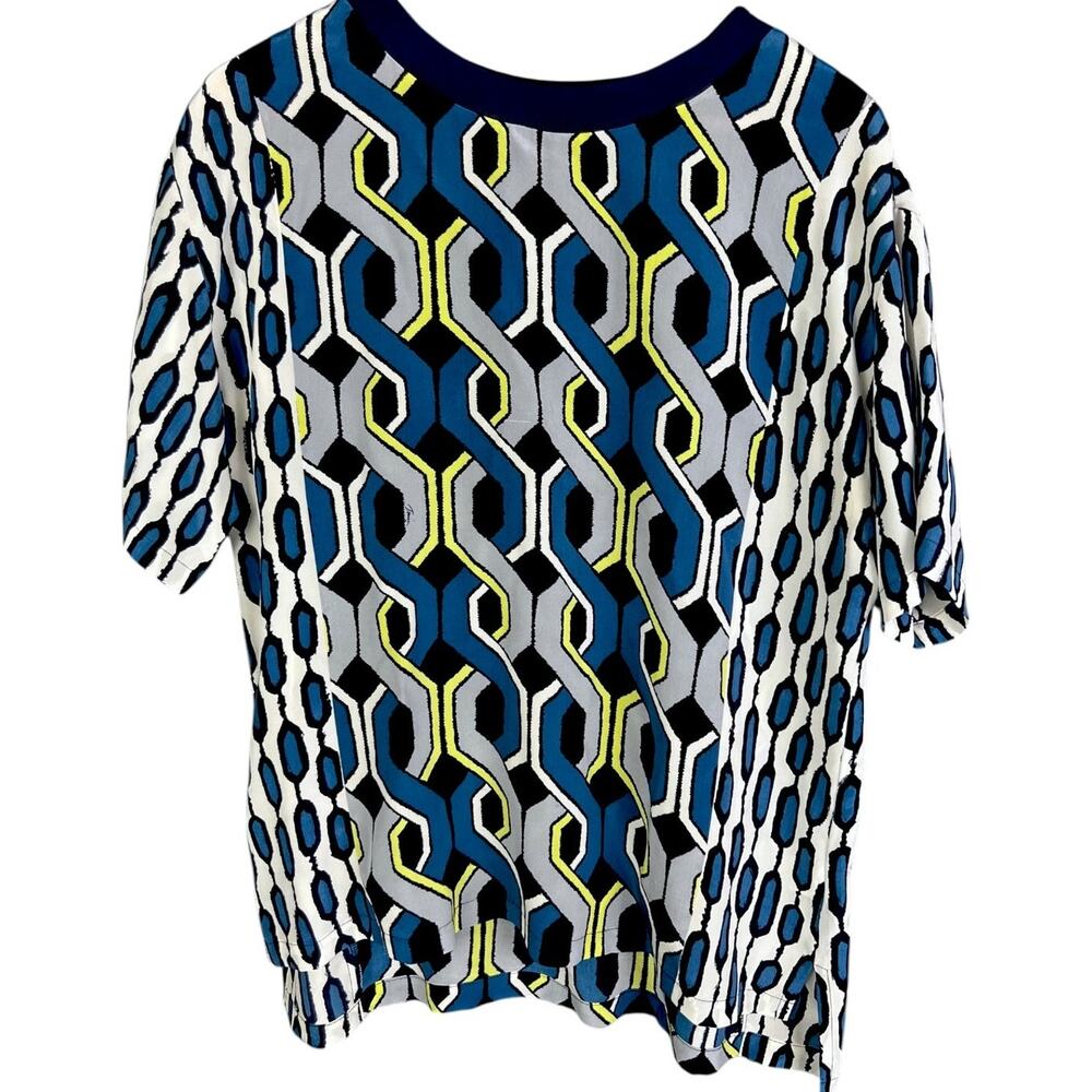 Trina Turk Geometric Pattern Blue Gray Women's Large Silk Blouse $248 Retail